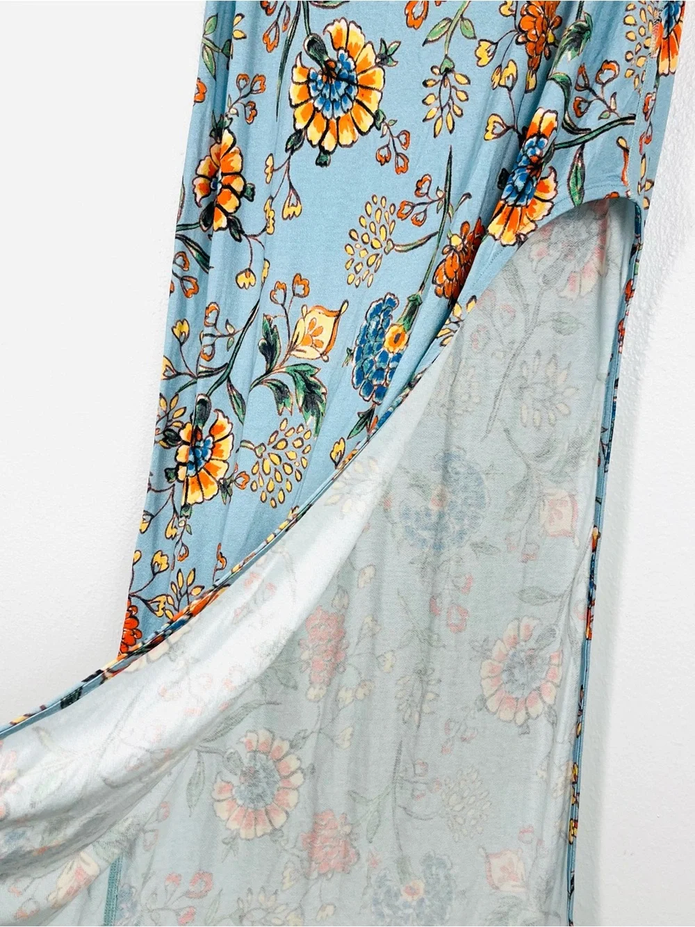 Free People Small Floral Print Stretch Jersey Side-Slit Maxi Skirt in Light Blue